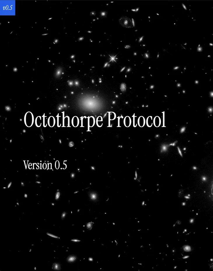 A field of galaxies in black and white with the words Octothorpe Protocol Version 0.5 superimposed over them